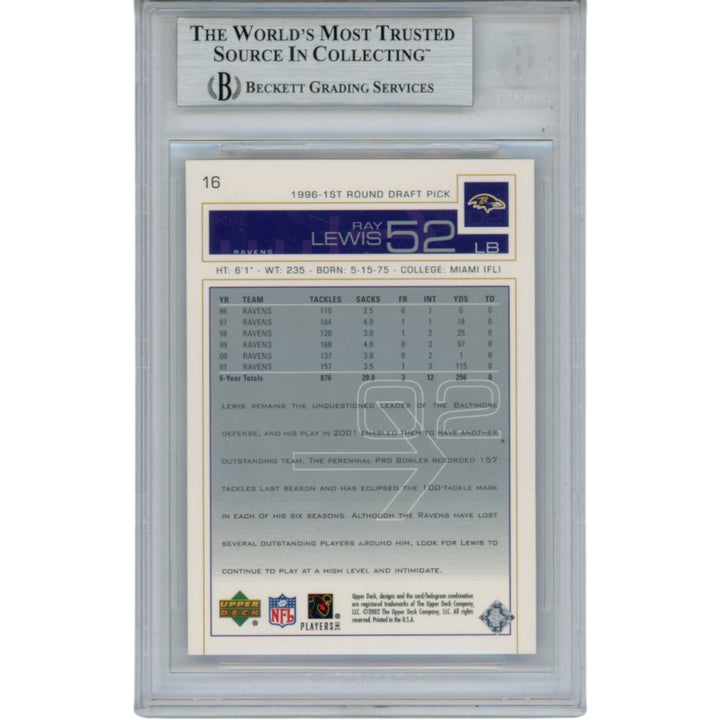 Ray Lewis Autographed/Signed 2002 UD #16 Trading Card Slab Beckett 53500