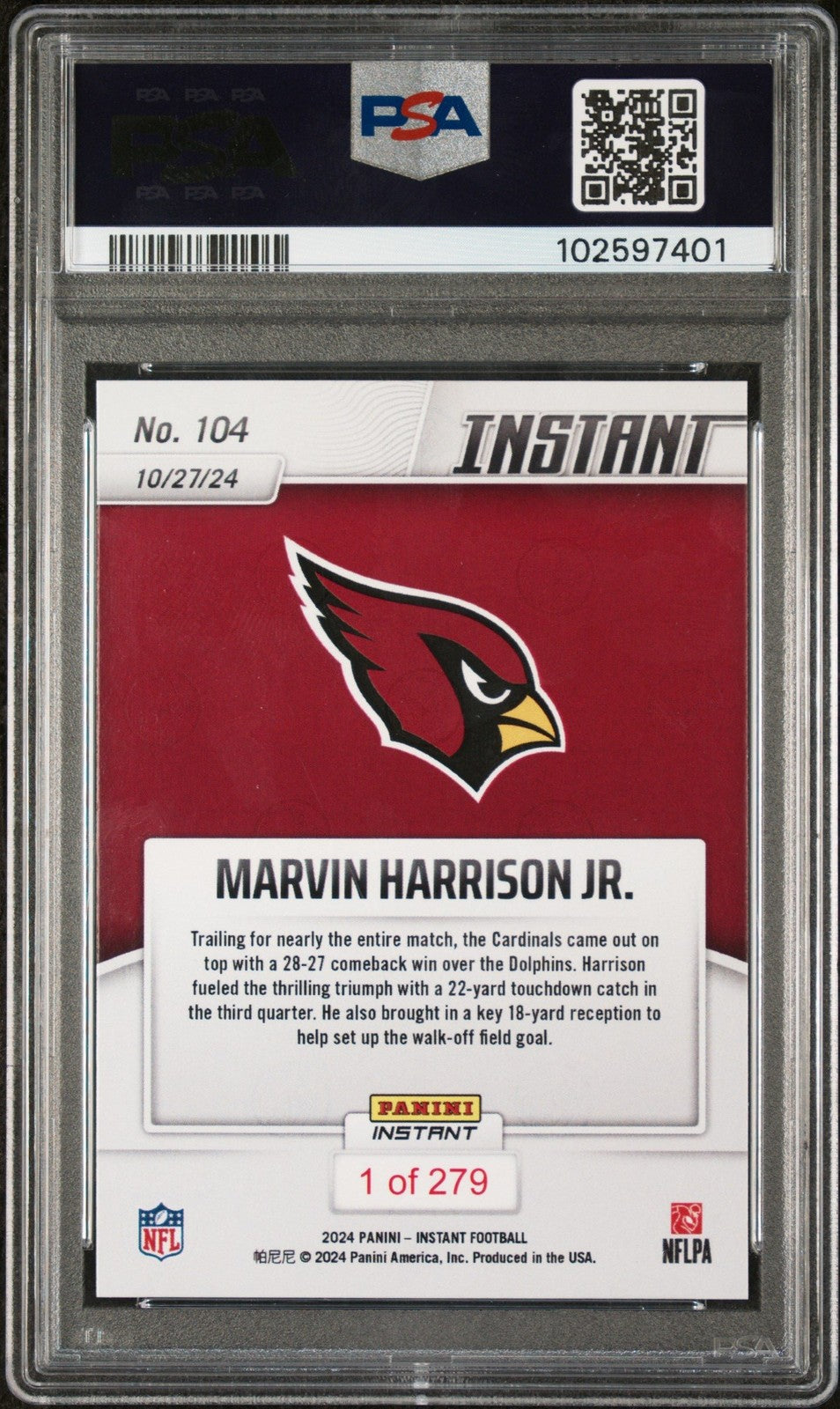 Graded 2024 Panini Instant NFL Marvin Harrison Jr #104 Rookie Card PSA 10