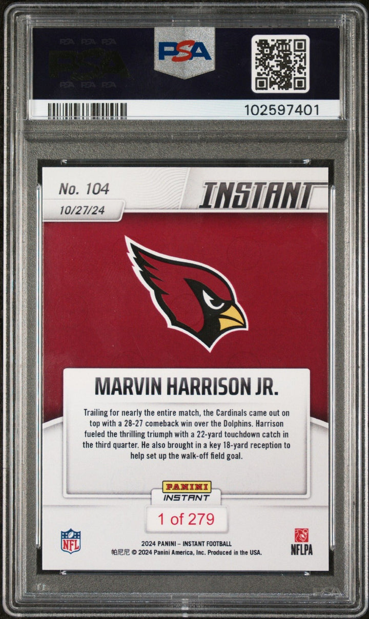 Graded 2024 Panini Instant NFL Marvin Harrison Jr #104 Rookie Card PSA 10