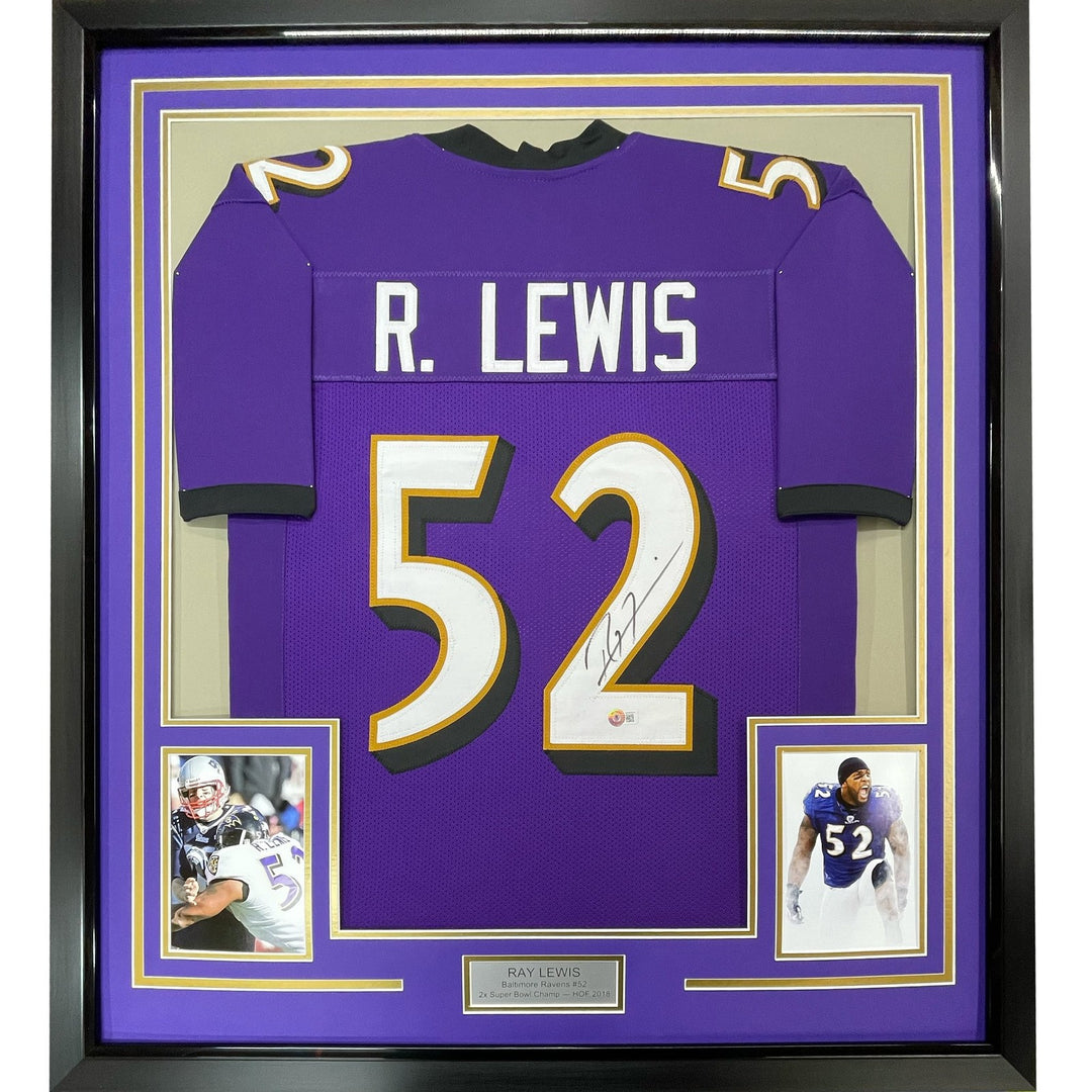 Framed Autographed/Signed Ray Lewis 35x39 Baltimore Purple Jersey PSA COA