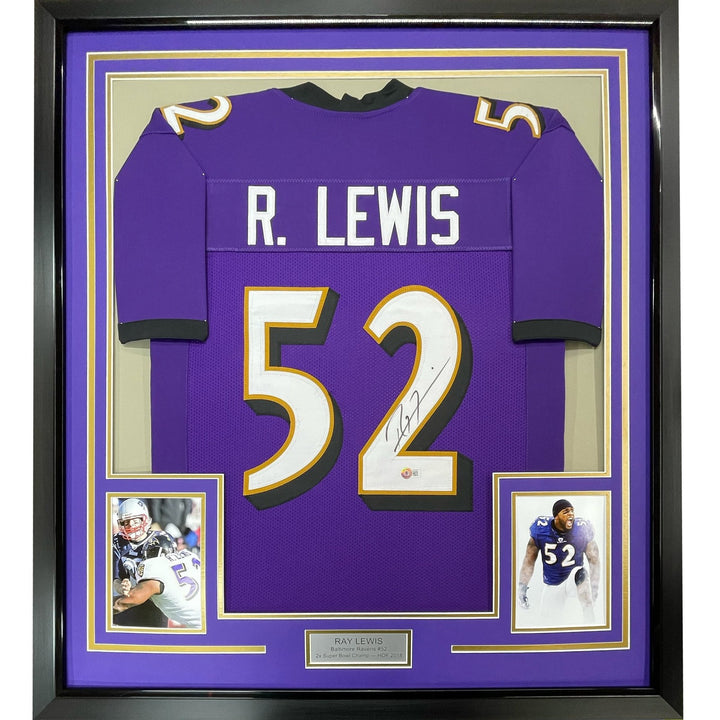 Framed Autographed/Signed Ray Lewis 35x39 Baltimore Purple Jersey PSA COA