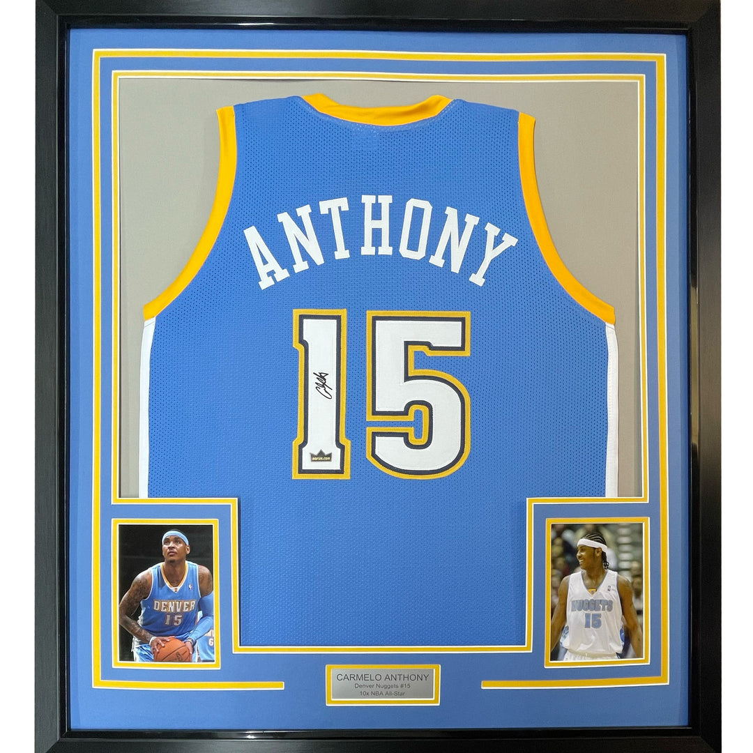 Framed Facsimile Autographed Carmelo Anthony 33x42 Blue Reprint Laser Jersey