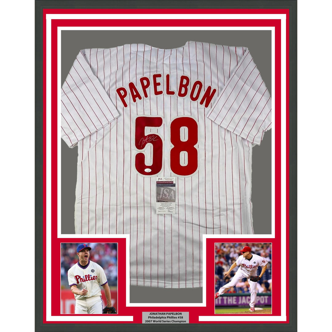 Framed Autographed/Signed Jonathan Papelbon 35x39 Pinstripe Jersey JSA COA