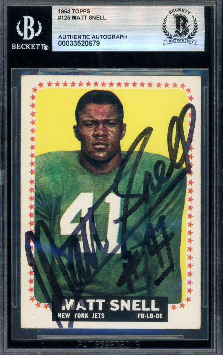 Matt Snell Beckett BAS Signed  1964 Topps Rookie Autograph Jets