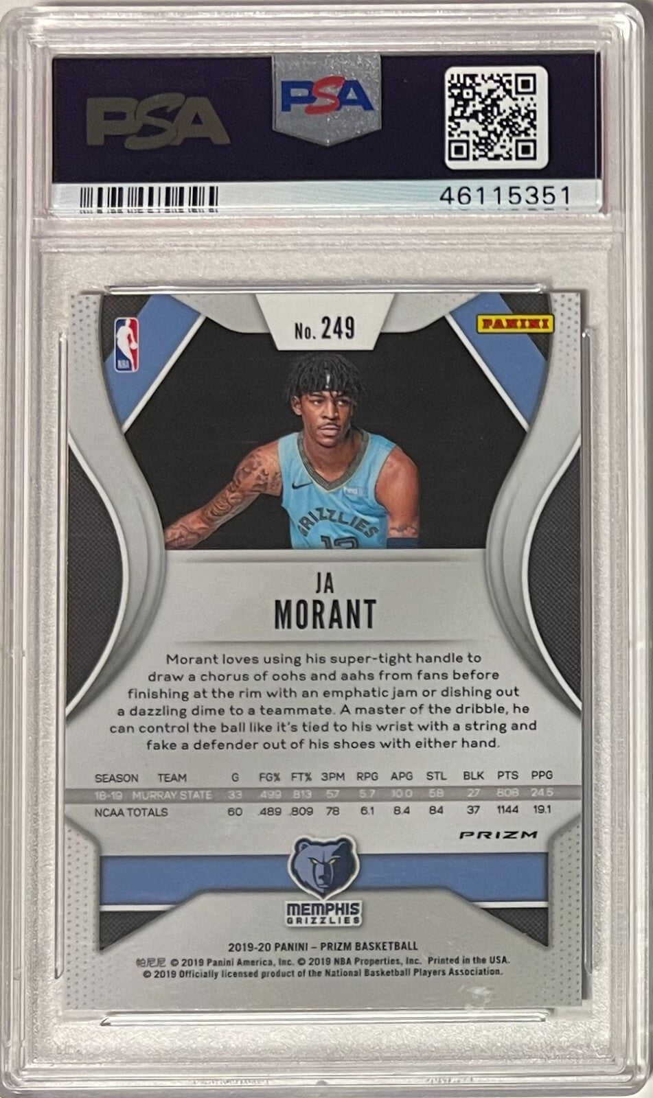 Ja Morant 2019-20 Panini Red/White/Blue Prizm Rookie Card #249-PSA Graded 9 Mint