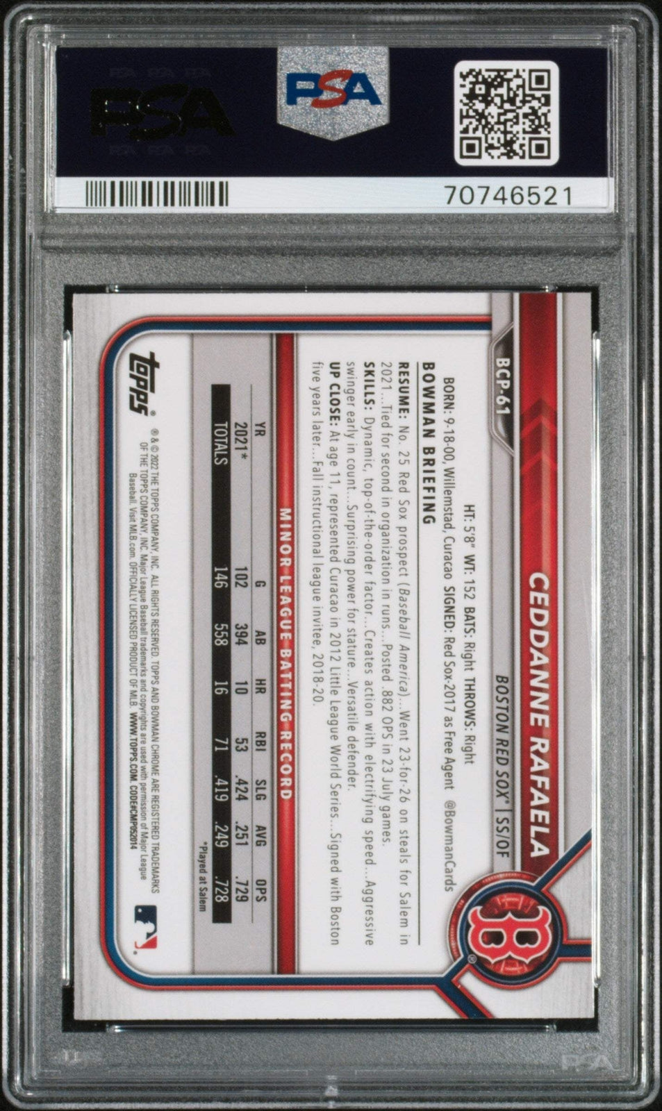 Graded 2022 Bowman Mega Box Ceddanne Rafaela #BCP61 Rookie Baseball Card PSA 10