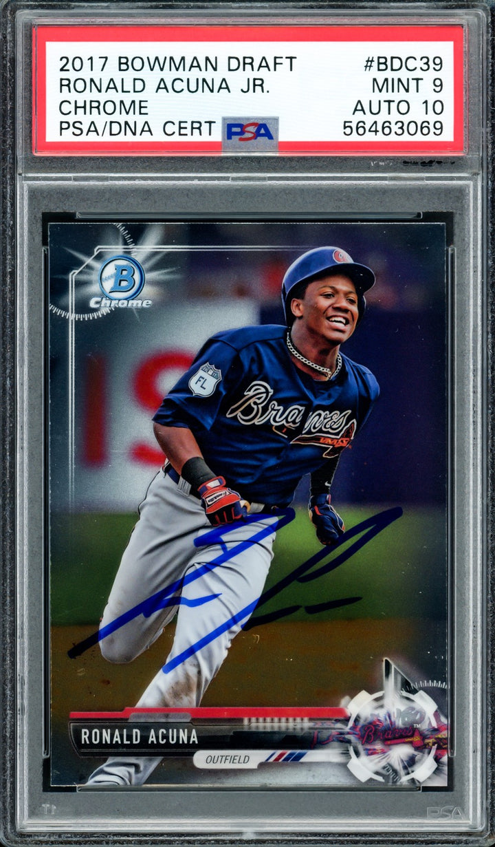 Ronald Acuna Jr. Signed 2017 Bowman Draft Chrome RC #BDC39 Braves PSA9 Auto 10