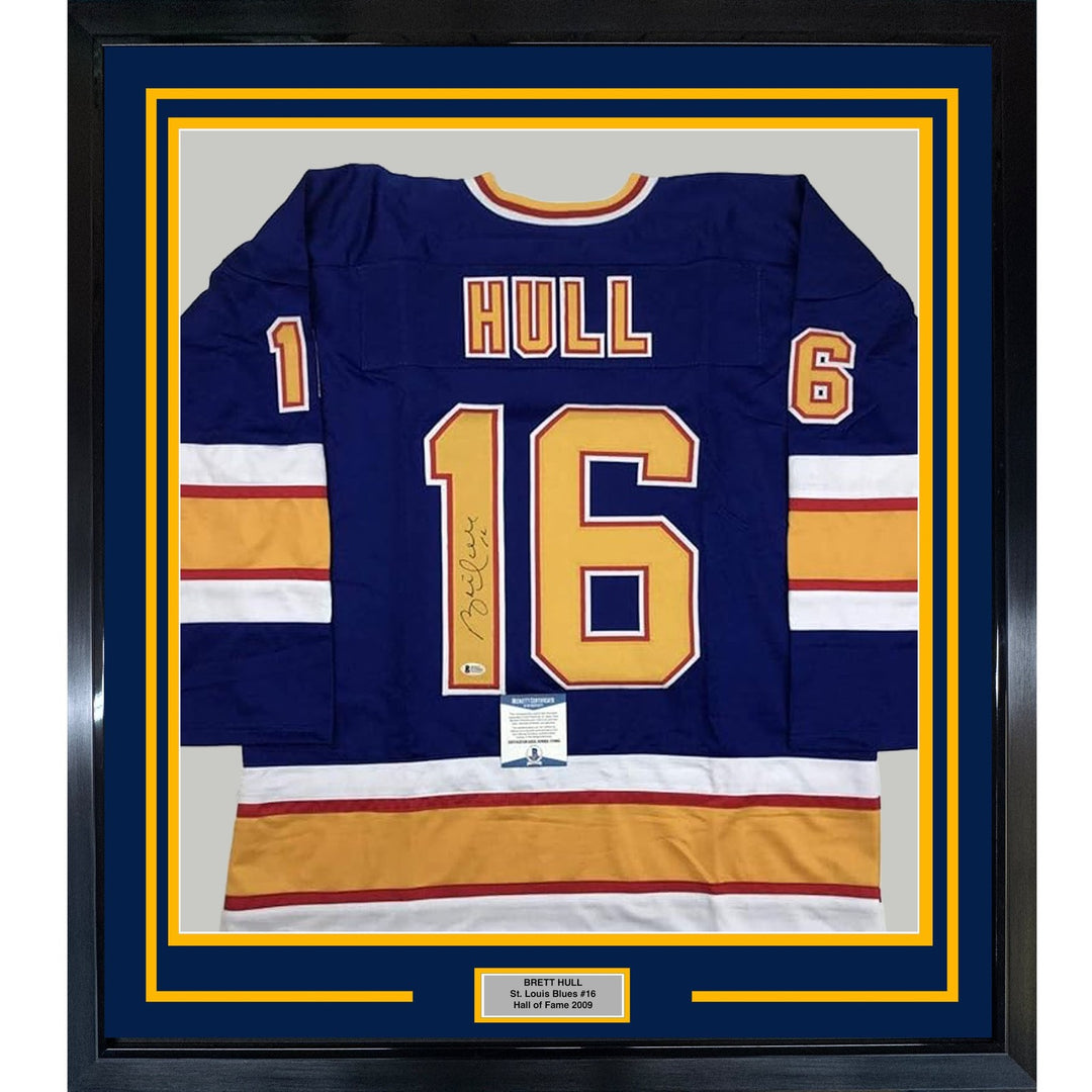 Framed Autographed/Signed Brett Hull 35x39 St. Louis Blue Jersey BAS COA