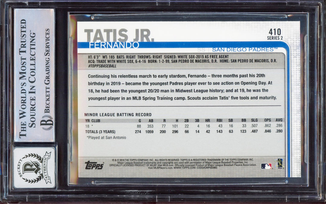 Fernando Tatis Jr. Signed 2019 Topps RC #410 San Diego Padres BGS 8.5 Auto 10