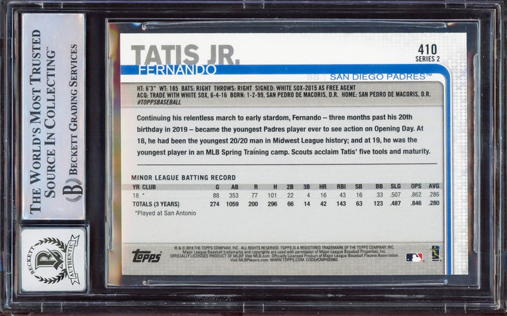 Fernando Tatis Jr. Signed 2019 Topps RC #410 San Diego Padres BGS 8.5 Auto 10