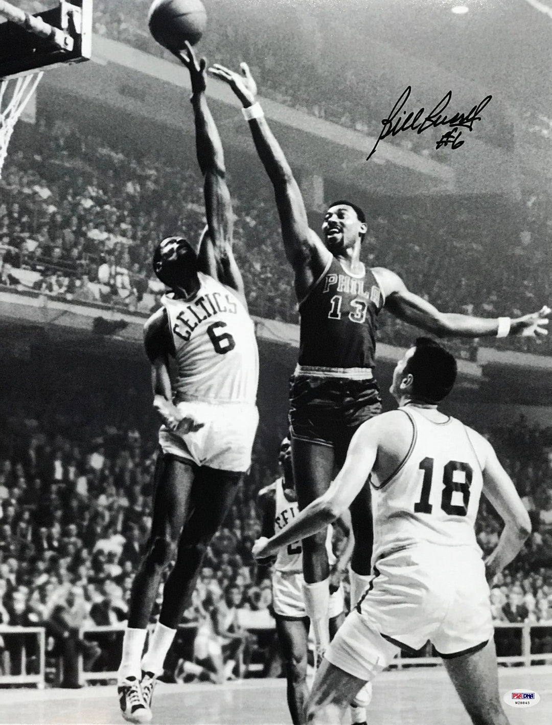 Bill Russell Autographed Blocking Chamberlain 16x20 Photo