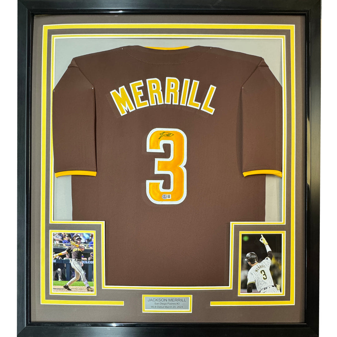 Framed Autographed/Signed Jackson Merrill 35x39 San Diego Brown Jersey BAS COA