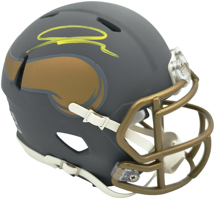 Jordan Addison Signed Vikings Slate Silver Speed Mini Helmet (In Yellow) Beckett