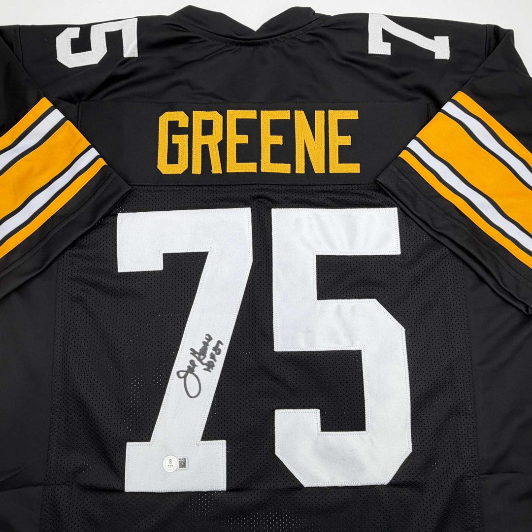 Autographed/Signed Mean Joe Greene HOF 87 Pittsburgh Black Jersey JSA COA