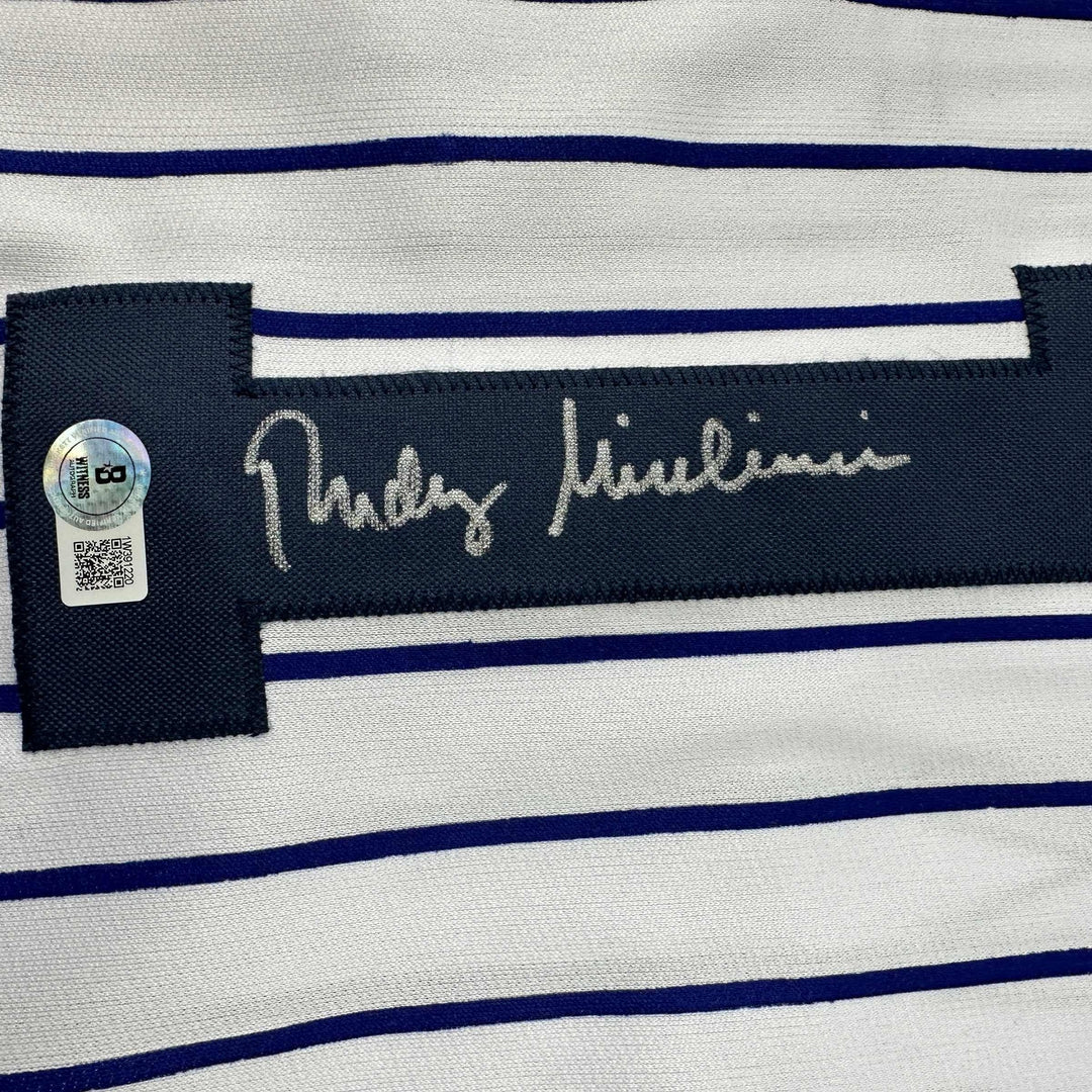 Autographed/Signed Rudy Giuliani New York Pinstripe Jersey Beckett BAS COA