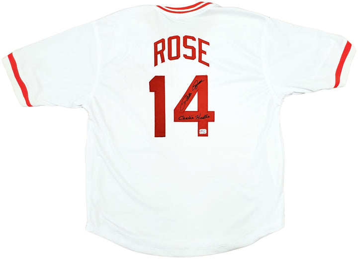 Cincinnati Reds Pete Rose Signed White Jersey "Charlie Hustle" PR Holo