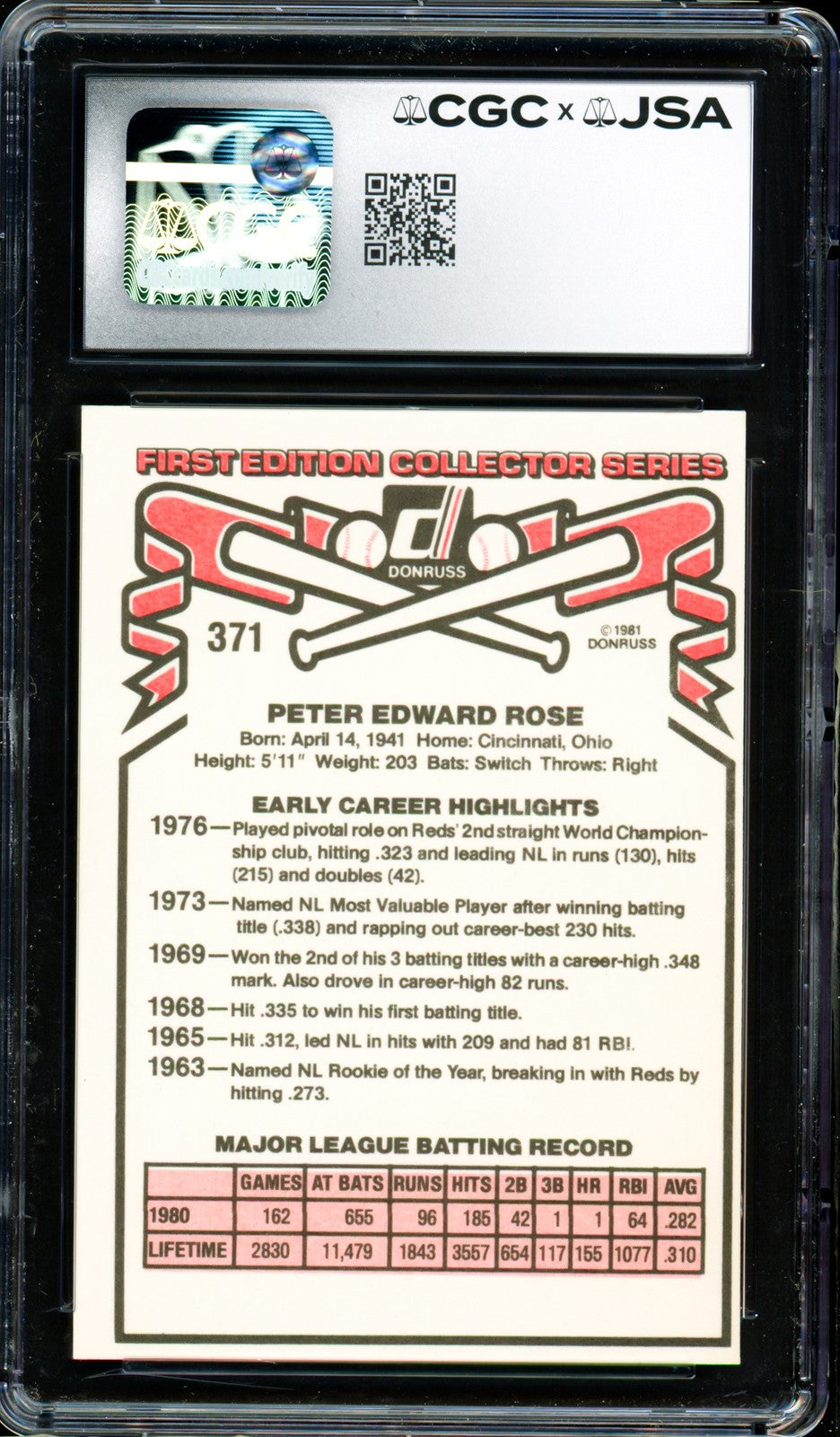 Pete Rose Signed 1981 Donruss Card 371 Phillies CGC x JSA