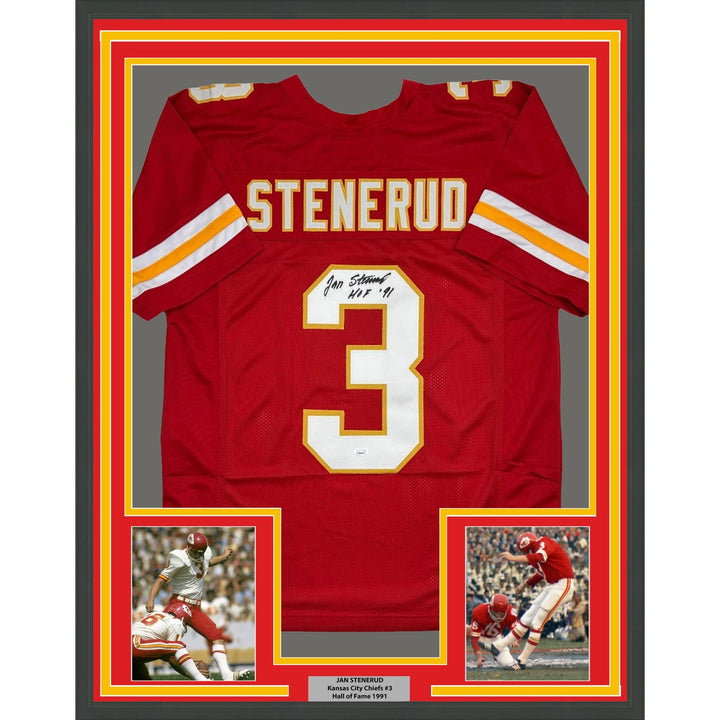 Framed Signed Jan Stenerud 35x39 HOF 91 Kansas City Jersey JSA COA