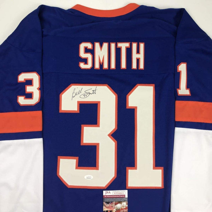 Autographed/Signed BILLY SMITH New York Blue Hockey Jersey JSA COA Auto