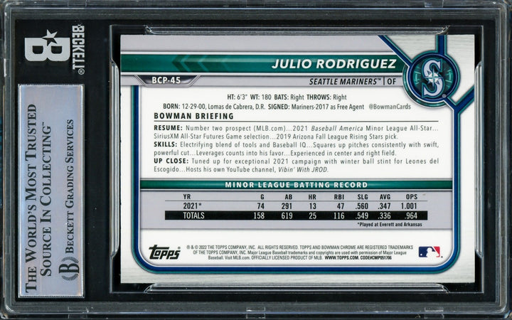 Julio Rodriguez Signed 2022 Bowman Chrome Card #BCP45 Seattle Mariners Beckett