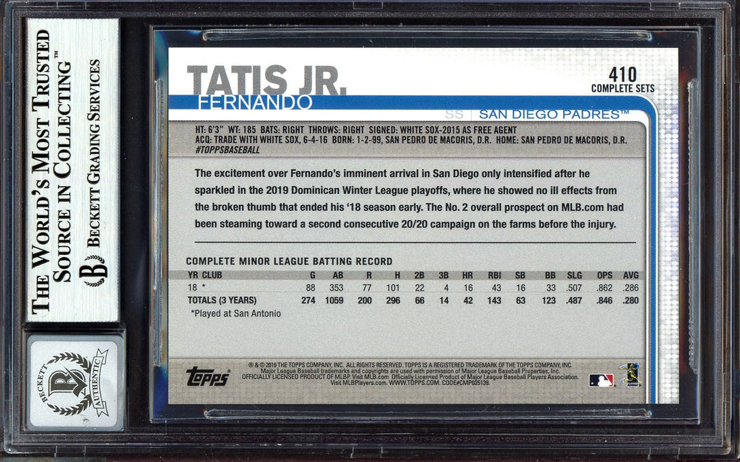 Fernando Tatis Jr. Auto 2019 Topps Complete Set RC 410 Padres Auto GM 10 Beckett