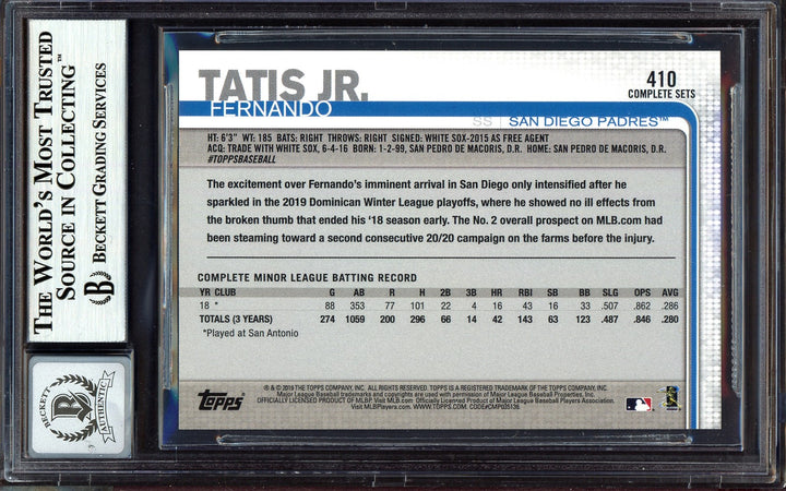 Fernando Tatis Jr. Auto 2019 Topps Complete Set RC 410 Padres Auto GM 10 Beckett