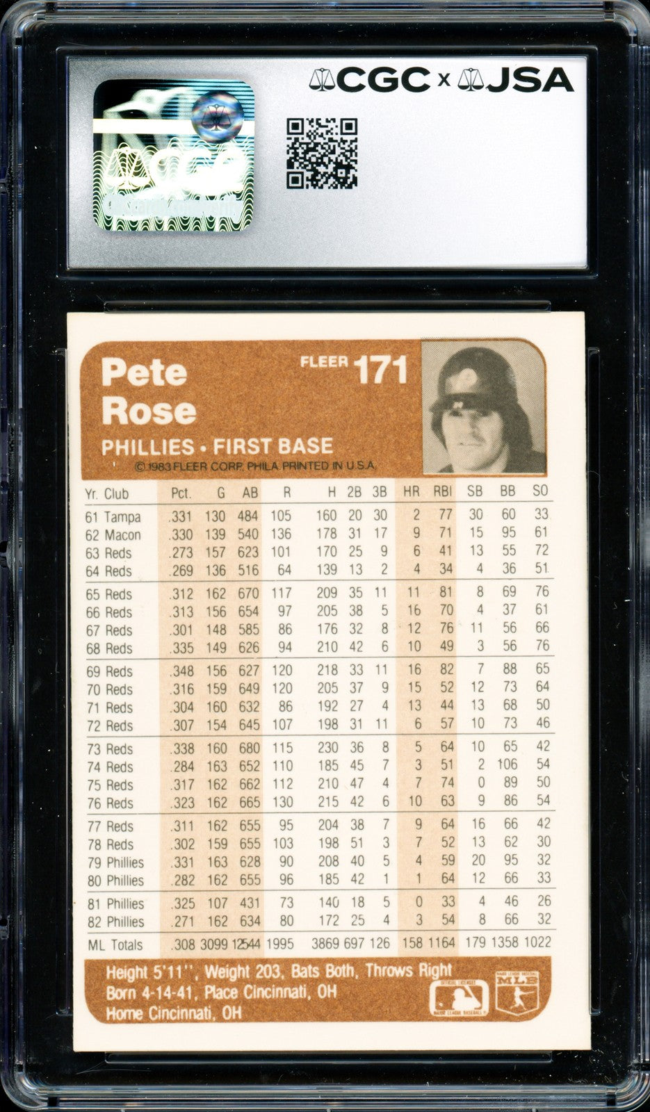 Pete Rose Signed 1983 Fleer Card 171 Phillies Auto GM 10 CGC x JSA