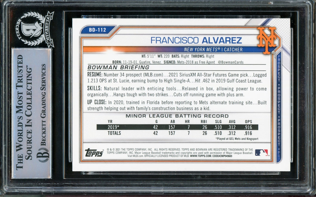 Francisco Alvarez Signed 2021 Bowman Draft RC BD-112 Mets Full Name Beckett
