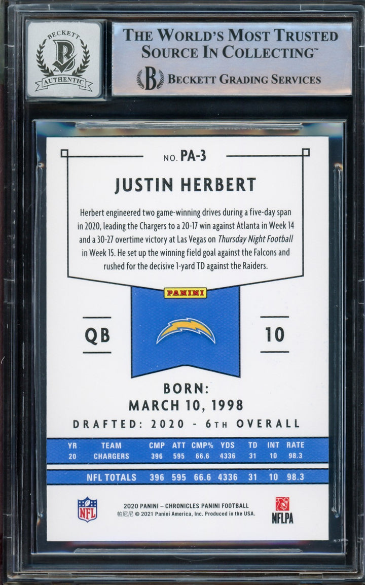 Justin Herbert Signed 2020 Chronicles Panini RC PA-3 Chargers Auto GM 10 Beckett