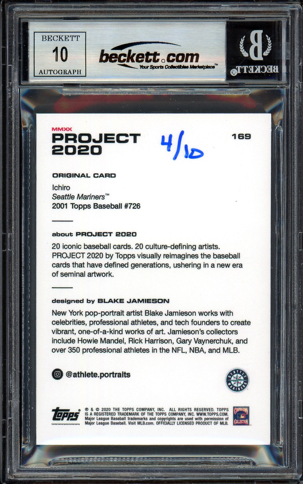 Ichiro Suzuki Auto Topps Project 2020 Blake Jamieson Card 169 Sig 10 #/10 BAS