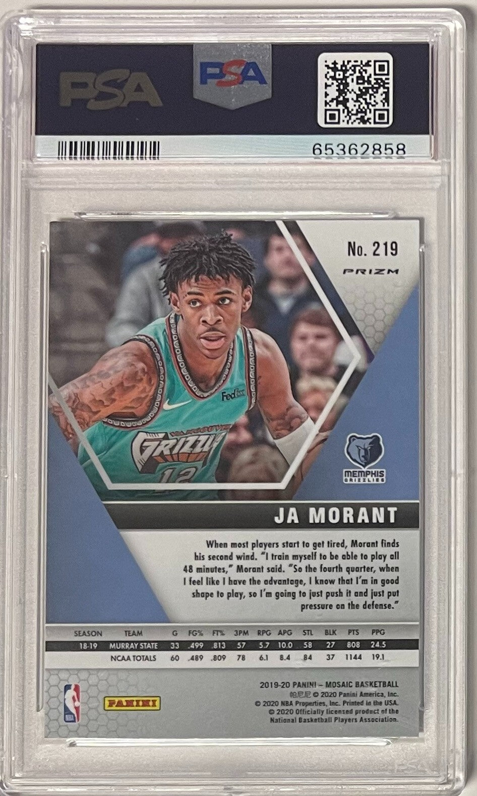 Ja Morant 2019-20 Panini Mosaic Silver Prizm Rookie Card #219- PSA Graded 9 Mint