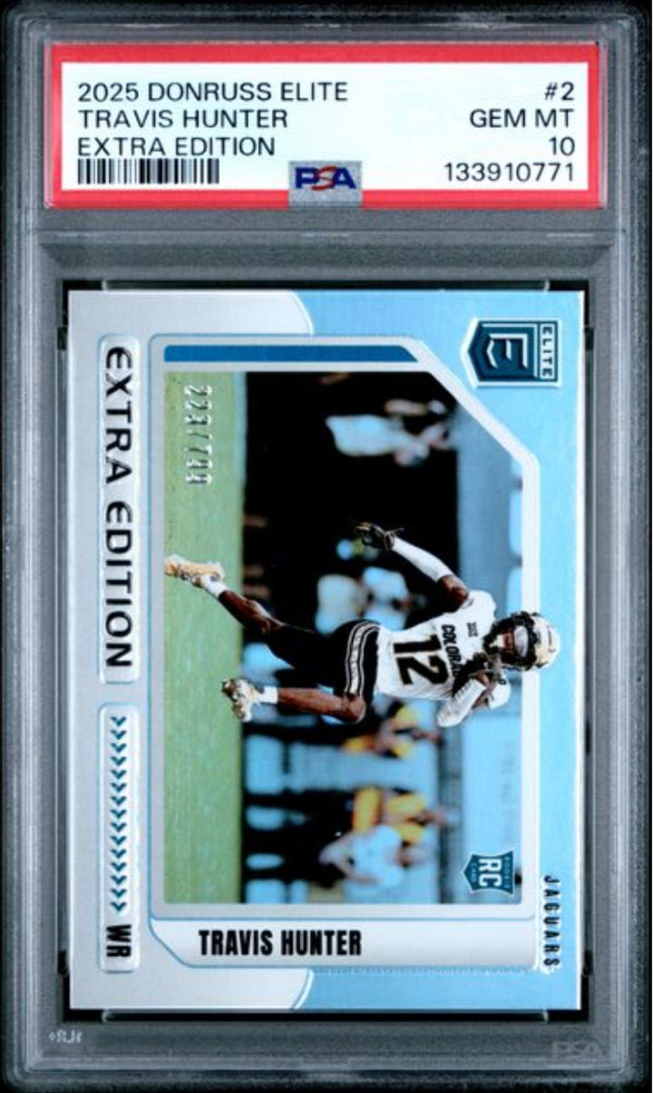 Graded 2025 Donruss Elite Travis Hunter #2 Extra Edition /799 RC Card PSA 10