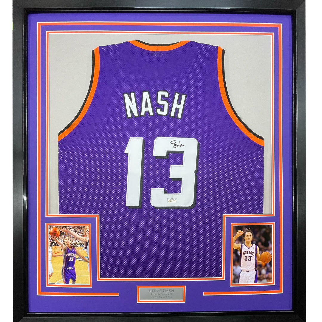 Framed Facsimile Autographed Steve Nash 33x42 Purple Reprint Laser Auto Jersey