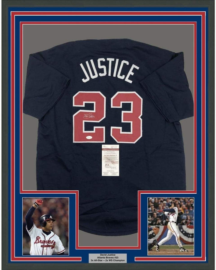 Framed Autographed/Signed David Justice 35x39 Atlanta Blue Jersey JSA COA