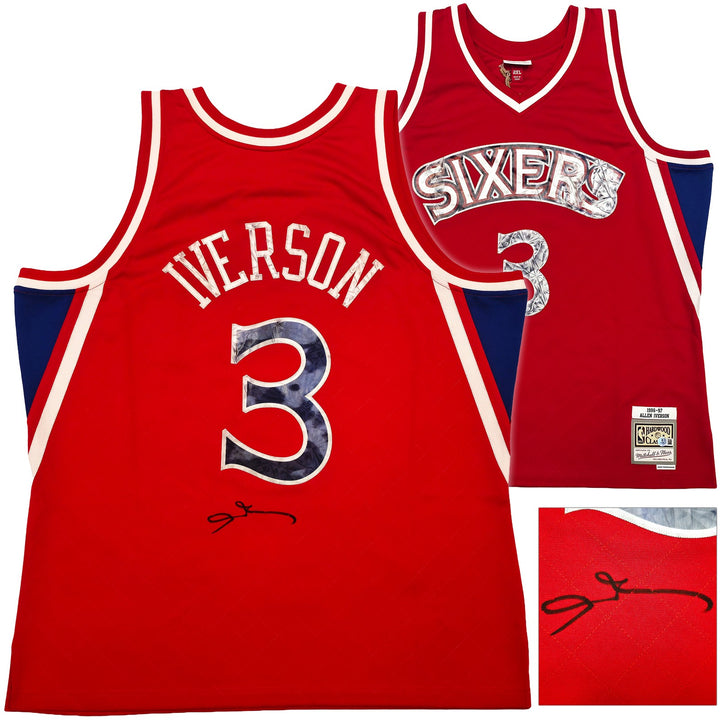 76ers Allen Iverson Auto Red Mitchell Ness 96-97 Swingman NBA 75 Jersey 2XL BAS
