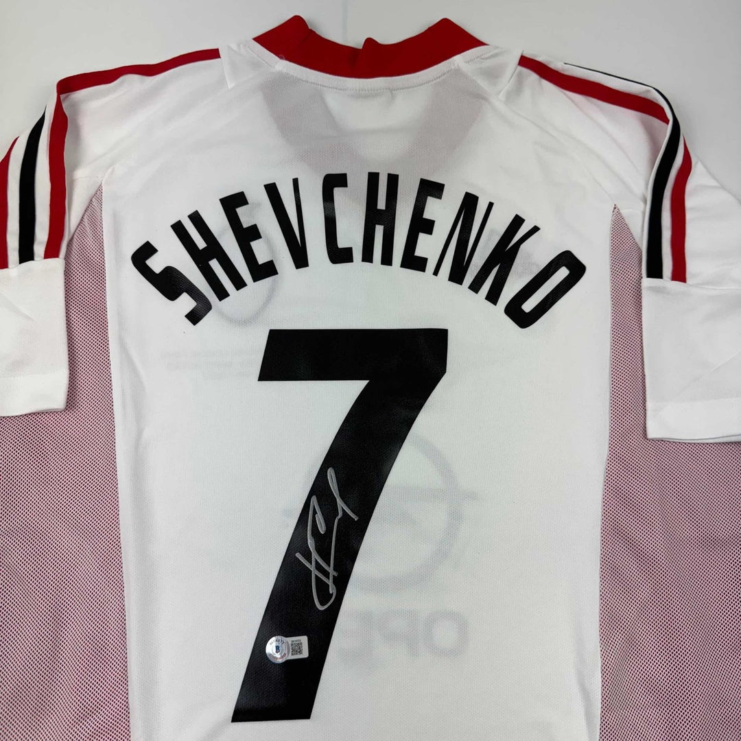 Autographed/Signed Andriy Shevchenko AC Milan White Futbol Jersey BAS COA