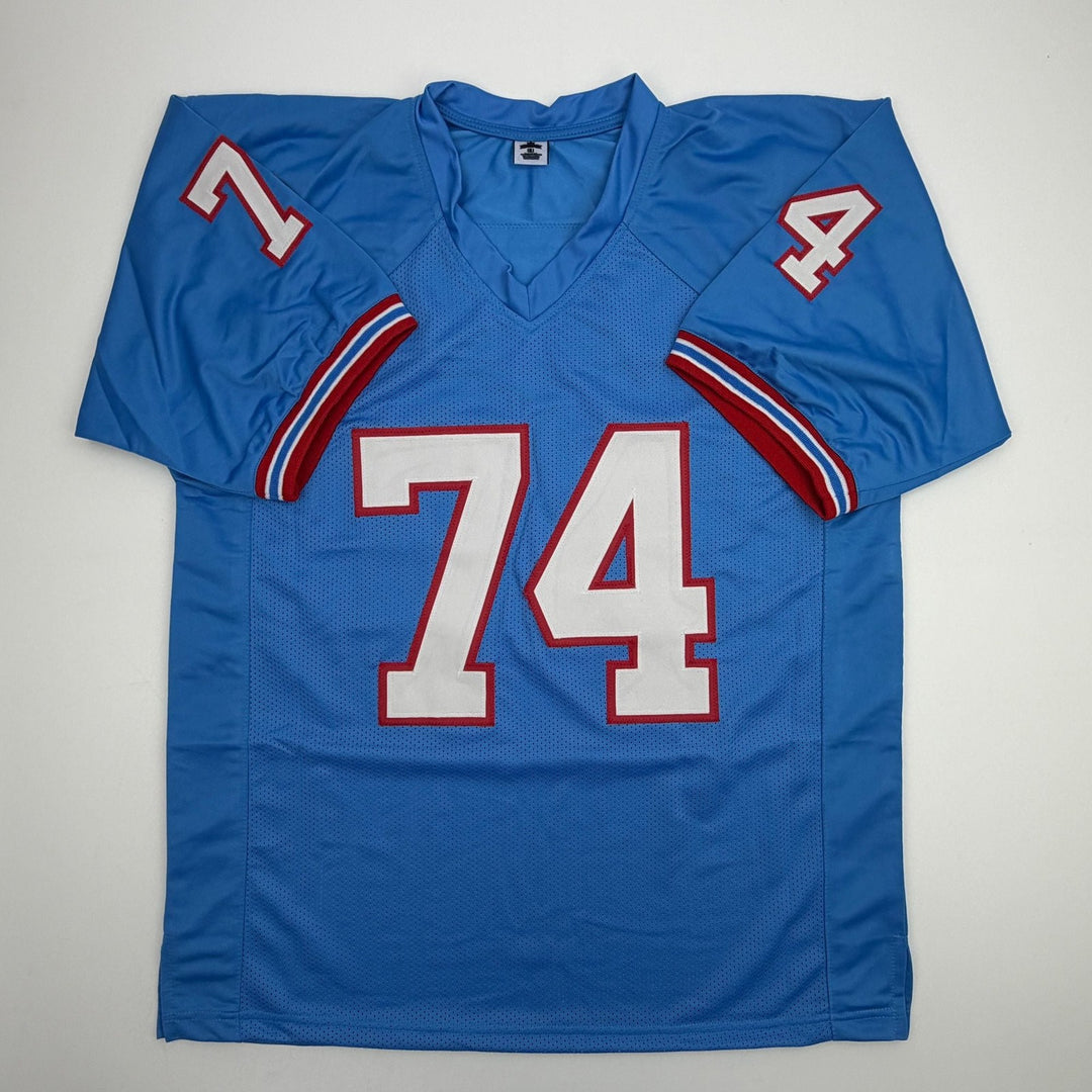 Autographed/Signed Bruce Matthews Houston Blue Football Jersey Beckett COA