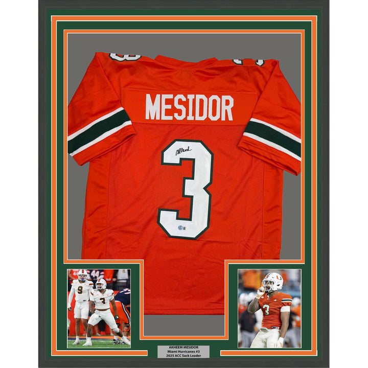 Framed Autographed/Signed Akheem Mesidor 35x39 Miami Orange Jersey Beckett COA