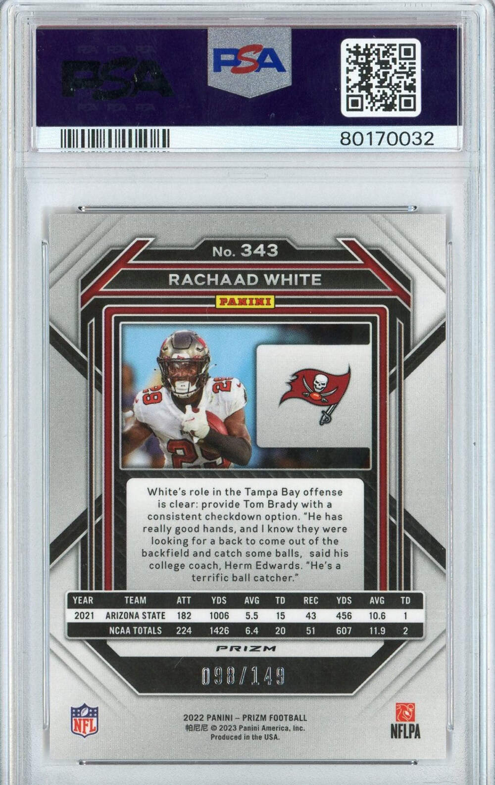 Graded 2022 Panini Prizm Rachaad White #343 Red Wave RC Football Card PSA 10