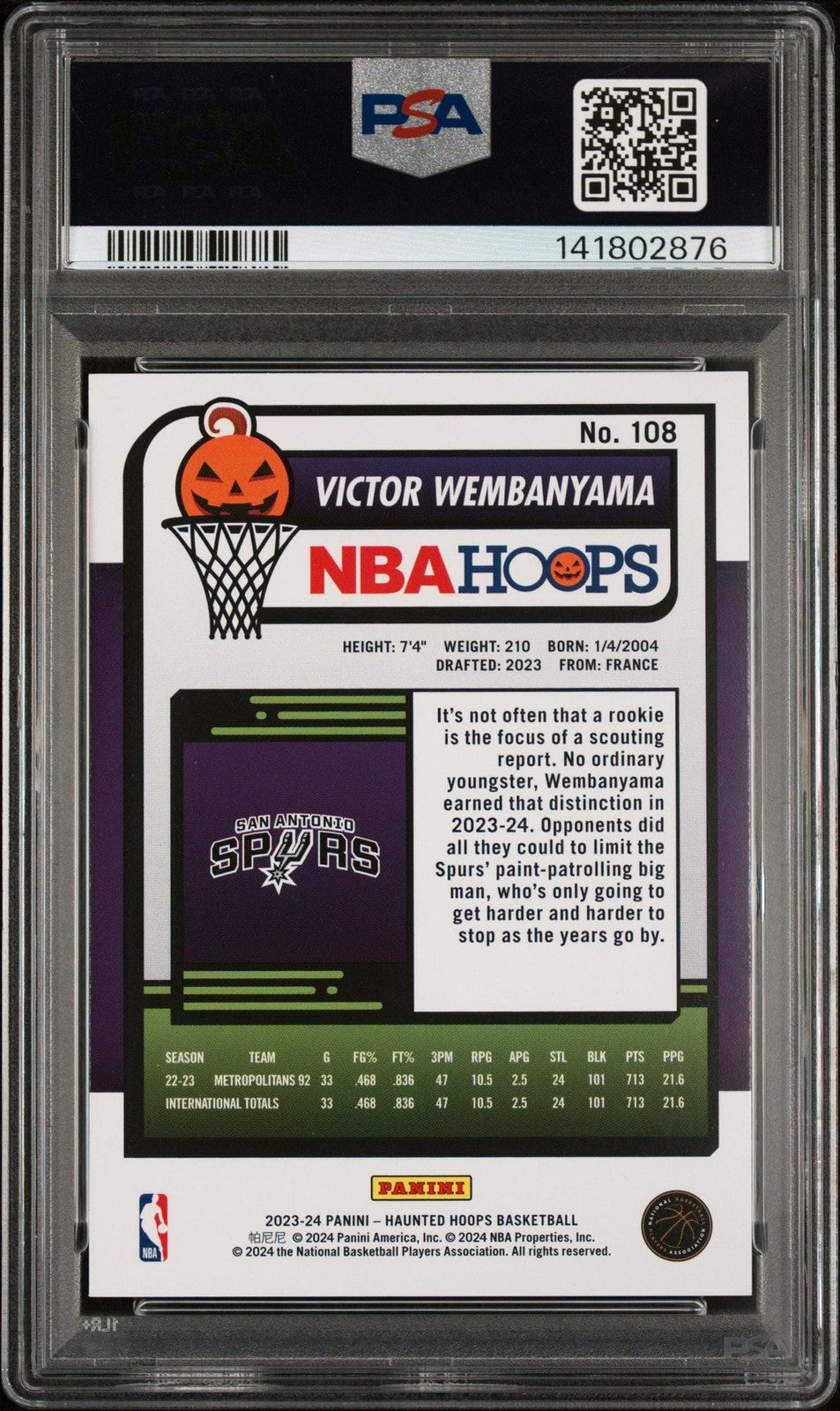 Graded 2023 Panini Haunted Hoops Victor Wembanyama #108 Rookie RC Card PSA 10