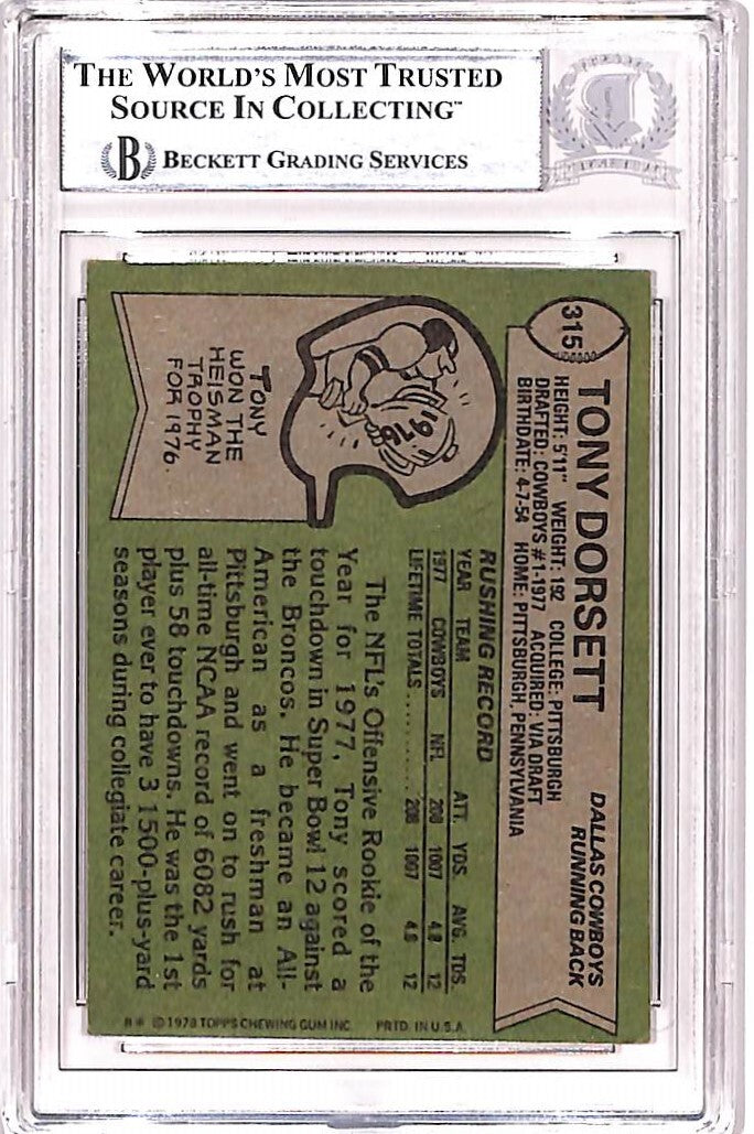 Tony Dorsett Autographed 1978 Topps #315 Trading Card HOF Beckett 39010