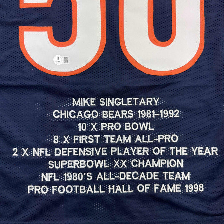 Autographed/Signed Mike Singletary HOF 98 Chicago Blue Stat Jersey JSA COA