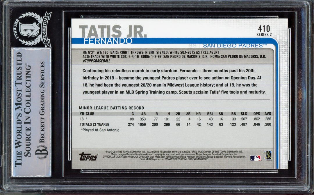 Fernando Tatis Jr. Signed 2019 Topps RC 410 San Diego Padres Beckett #15470100