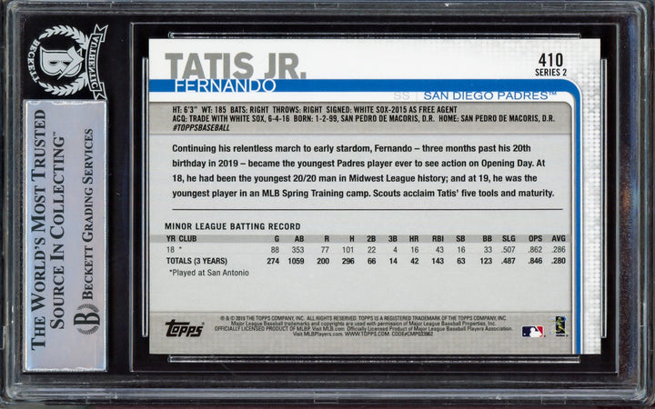 Fernando Tatis Jr. Signed 2019 Topps RC 410 San Diego Padres Beckett #15470100