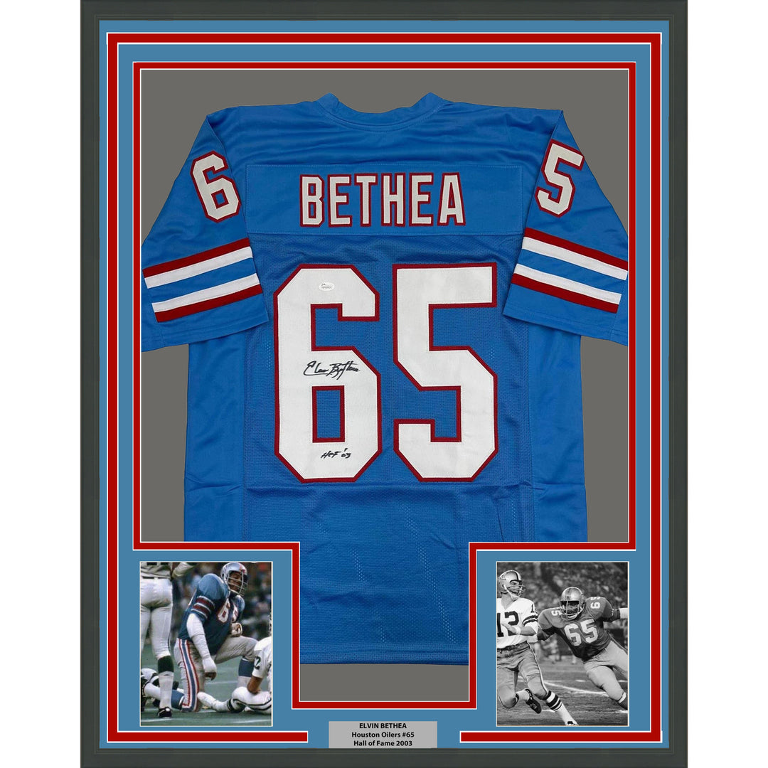 Framed Autographed/Signed Elvin Bethea 35x39 HOF Tennessee Blue Jersey JSA COA