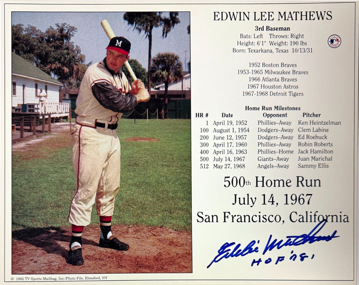 Eddie/Ed Mathews signed Braves 500th HR 7/14/67 8x10 Photo/Card w/ HOF '78 - COA