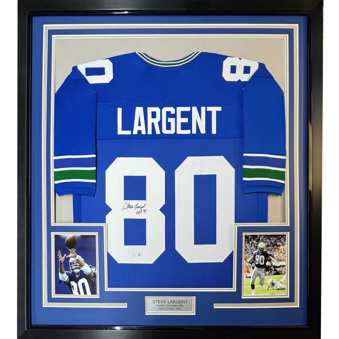 FRAMED Signed STEVE LARGENT HOF 95 35x39 Seattle Blue Jersey JSA COA