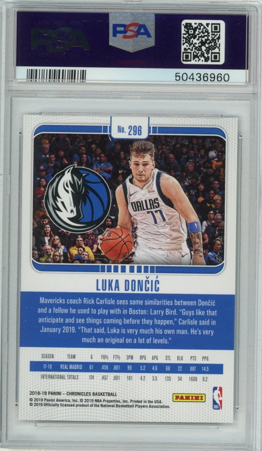 Graded 2018-19 Panini Chronicles Luka Doncic #296 Rookie Card PSA 10