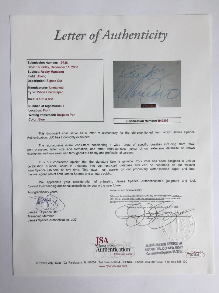 Rocky Marciano Signed Cut JSA COA Autograph Full Signature LOA  D.1969