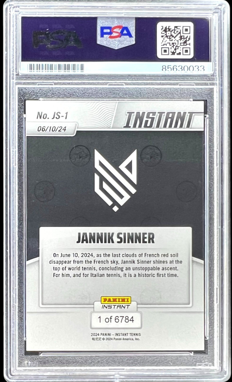 JANNIK SINNER SIGNED 2024 PANINI INSTANT ROOKIE CARD #JS-1 TENNIS RC PSA AUTO